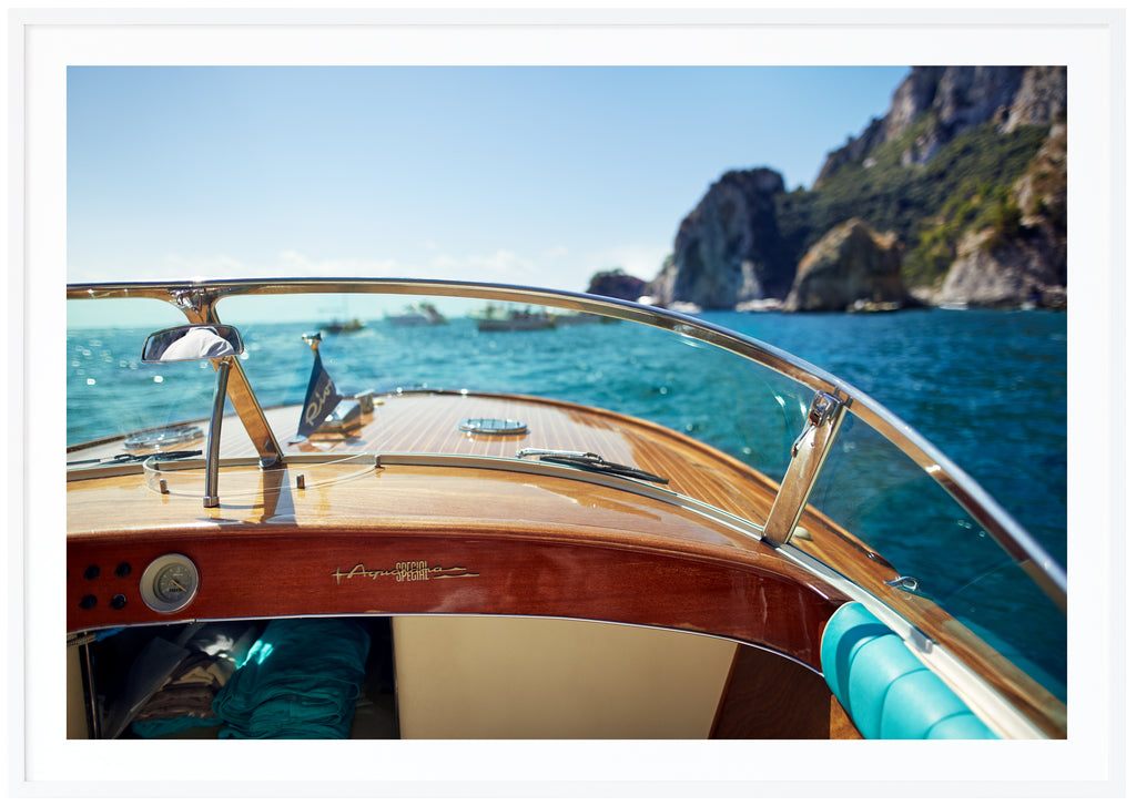 View from inside the legendary Italian motorboat Riva Aquarama. White frame. 