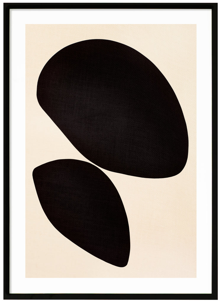Abstract posters of graphic motifs in black and beige. Black frame. 