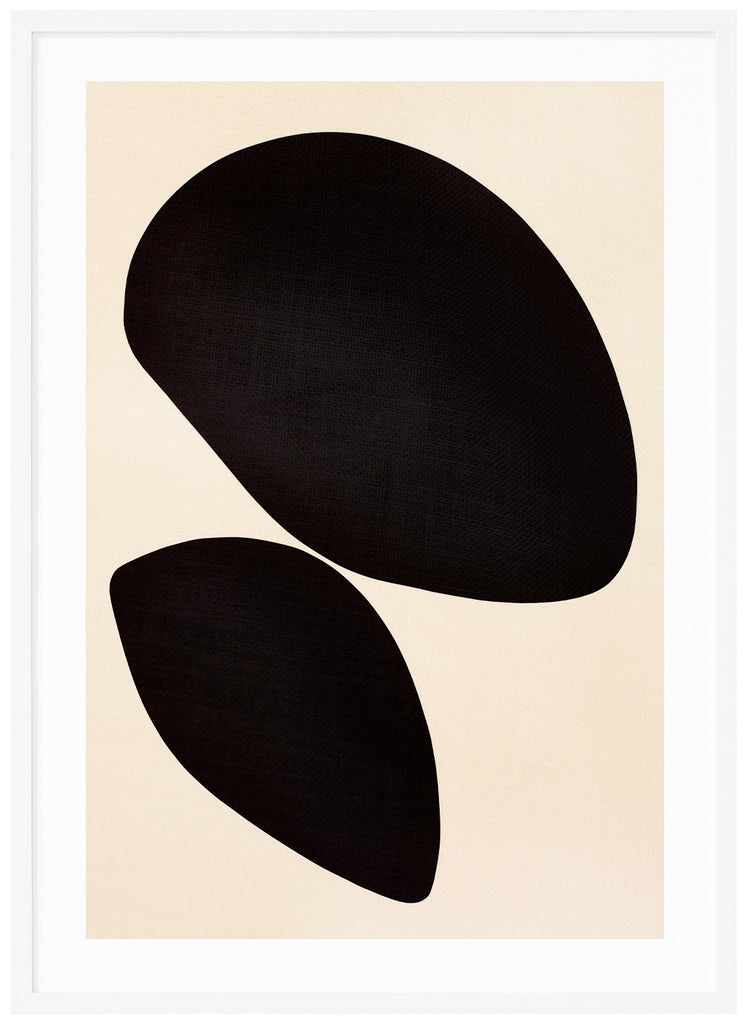 Abstract posters of graphic motifs in black and beige. White frame. 