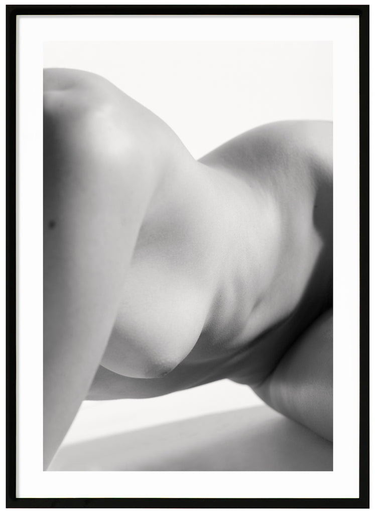 Black and white poster of naked body with white background. Black frame. 