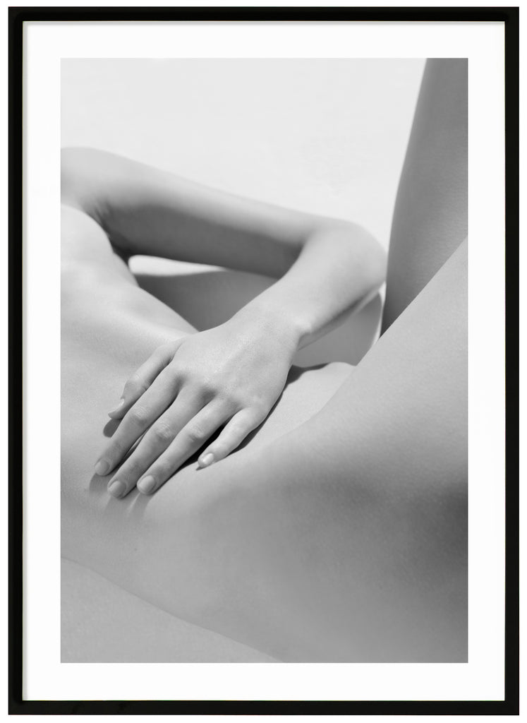 Black and white poster of naked body with shadows. Black frame. 