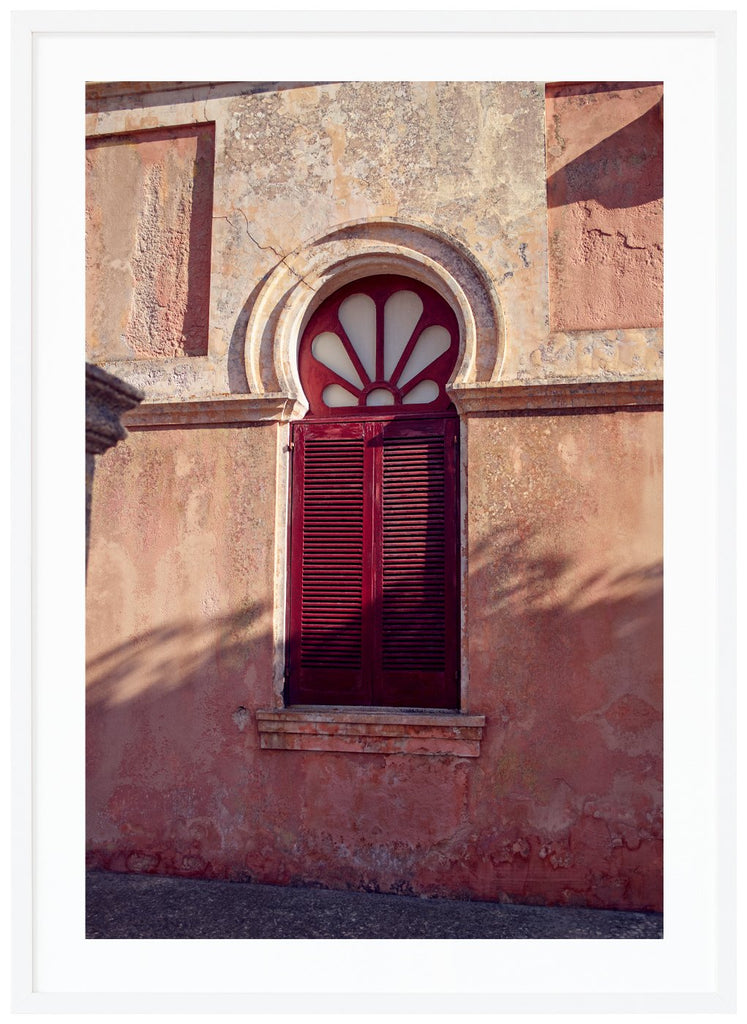 Poster of a window with red shutters. White frame. 