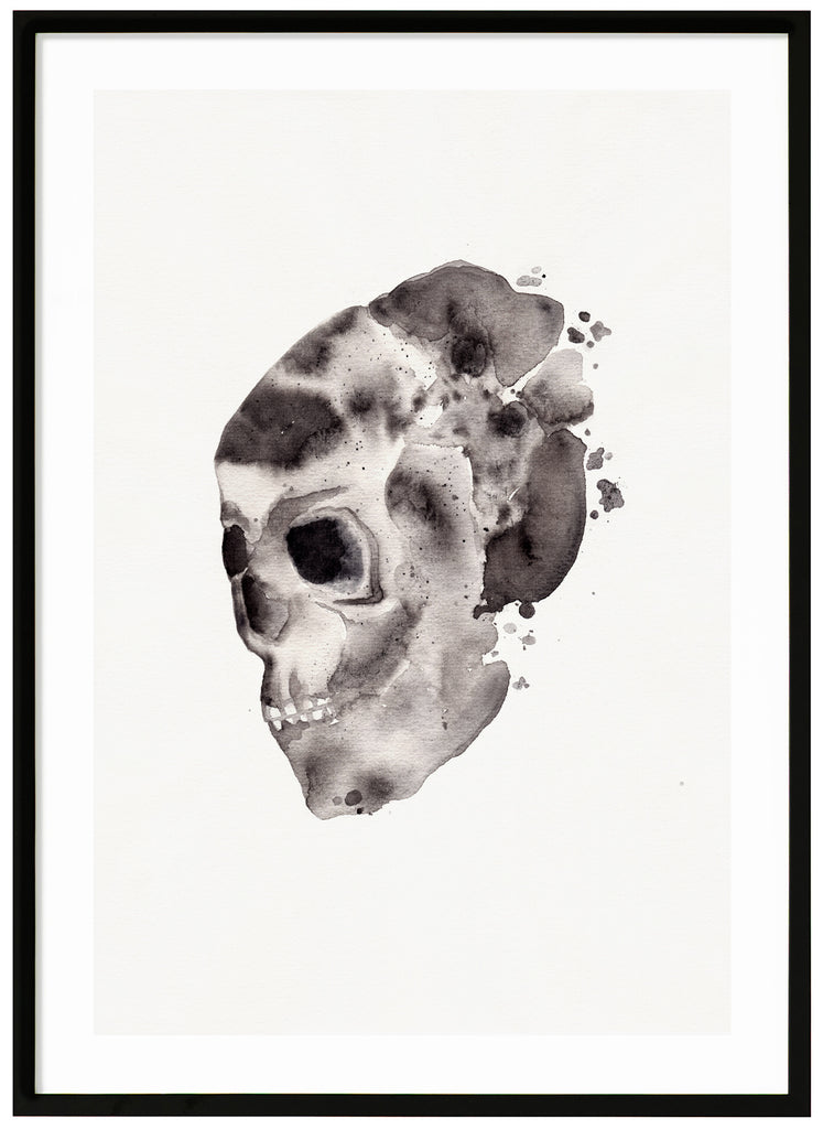 Posters in black and white watercolor painting of skull. Black frame. 