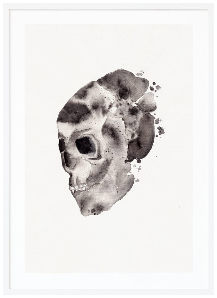 Posters in black and white watercolor painting of skull. White frame. 