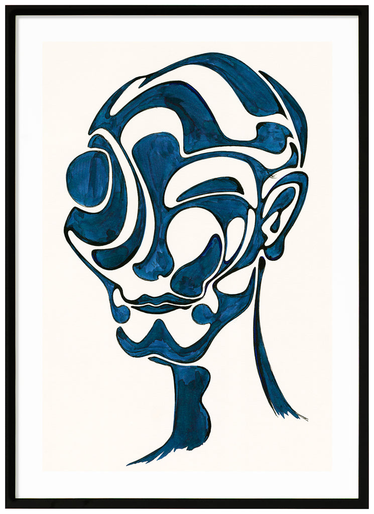 Posters of artwork in blue and white. Painted like a face. Black frame. 
