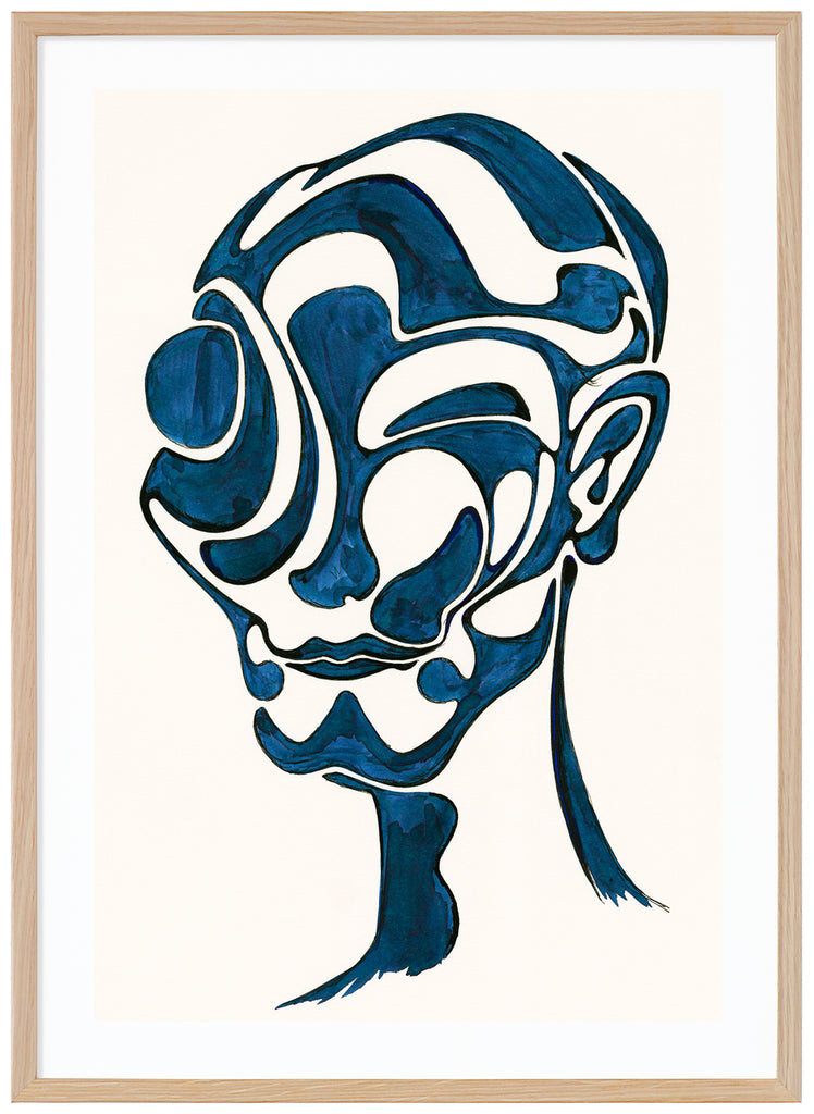 Posters of artwork in blue and white. Painted like a face. Oak frame. 