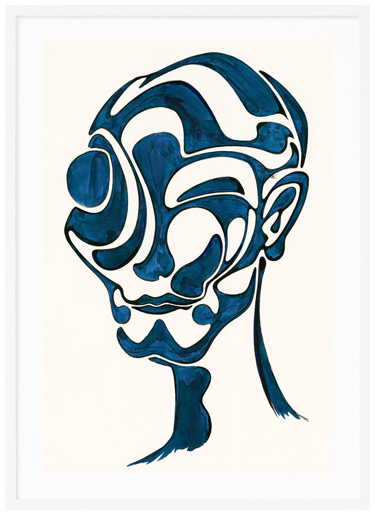 Posters of artwork in blue and white. Painted like a face. White frame. 