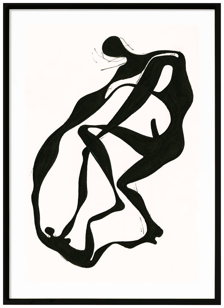 Semi-abstract poster of two figures in black. White background. Black frame. 