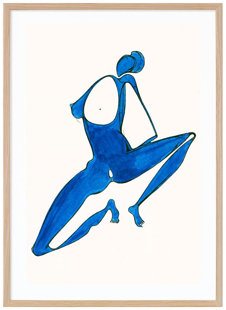 Poster of blue figure squatting and parting his legs. White background. Oak frame.
