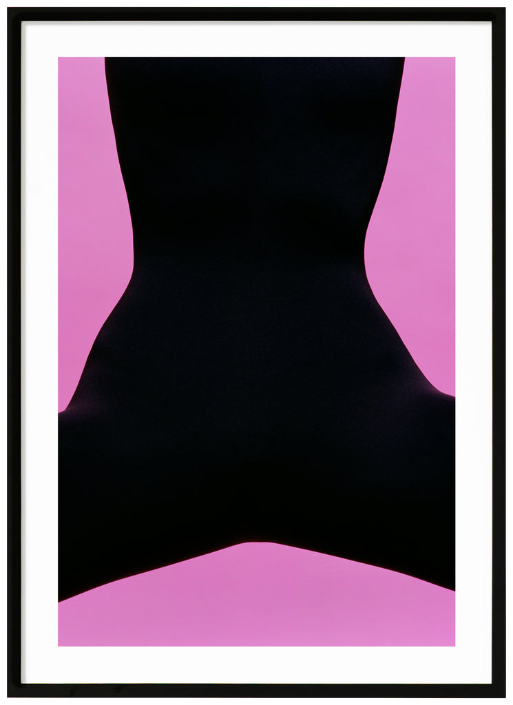 Poster with semi-abstract black motif with pink background.  Black frame.