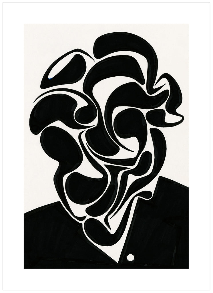 Black and white poster of abstract portrait in black with white background. By Swedish artist Henrik Delehag.