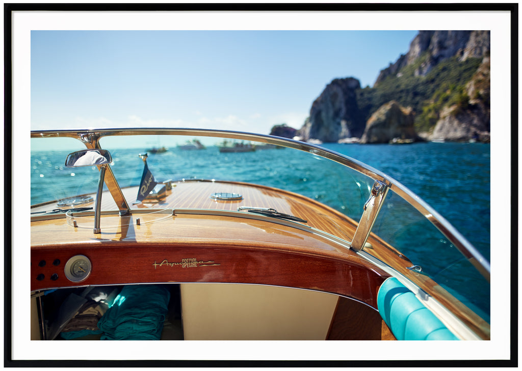 View from inside the legendary Italian motorboat Riva Aquarama. Black frame. 