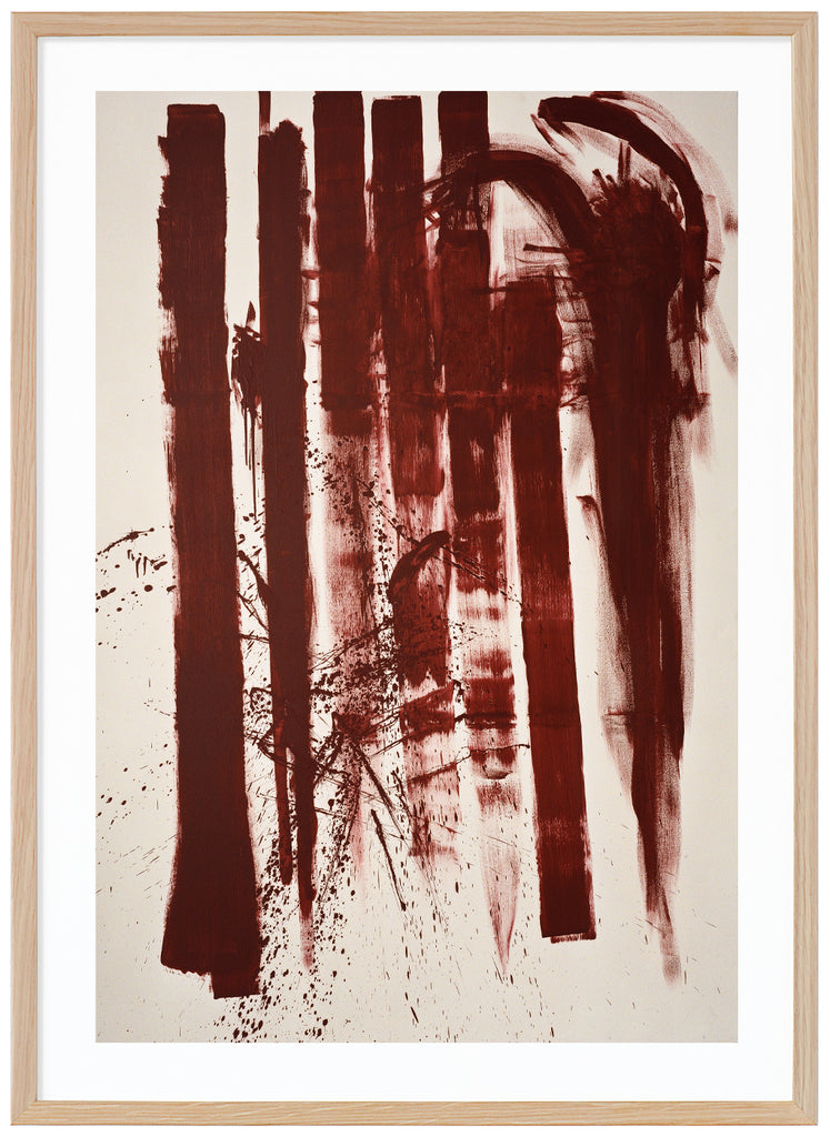 Posters of red painted white surface with abstract pattern. Oak frame.