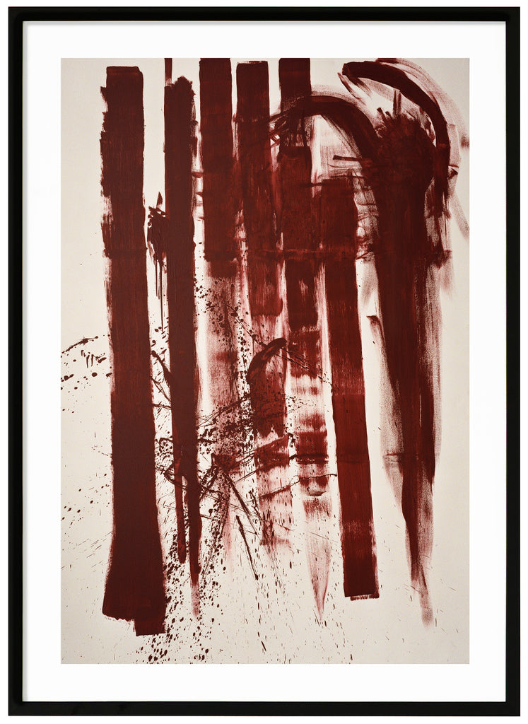 Posters of red painted white surface with abstract pattern. Black frame. 