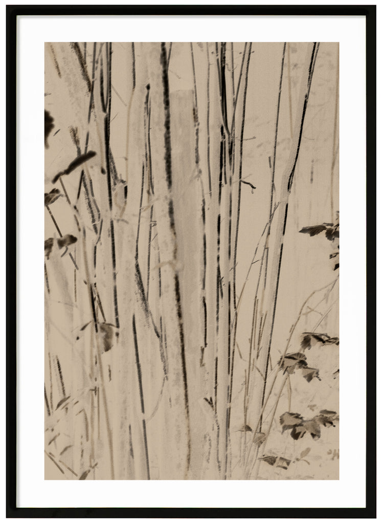 Bamboo posts in a beige tone with black details. Black frame. 