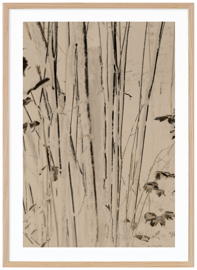 Bamboo posts in a beige tone with black details. Oak frame. 