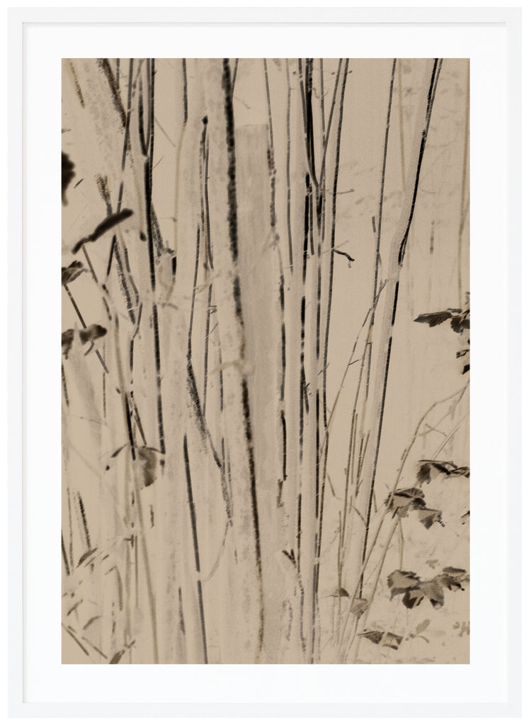 Bamboo posts in a beige tone with black details. White frame. 