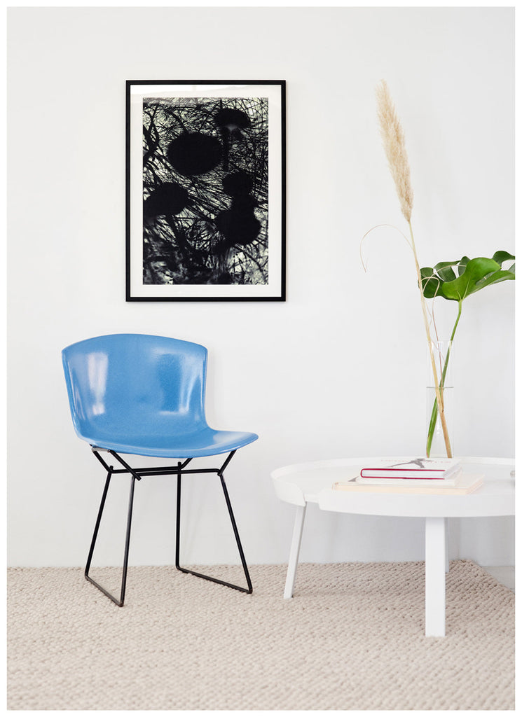 Black and white poster with black flowers. Black frame 