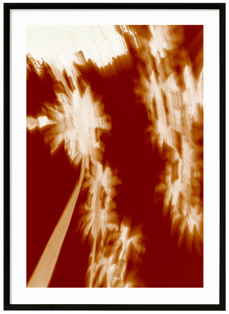 Semi-abstract poster with red background. Burnt tones. Black frame.