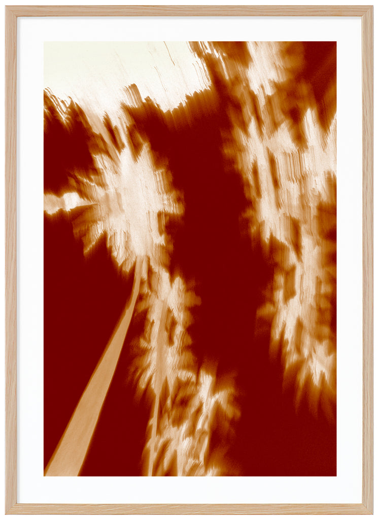 Semi-abstract poster with red background. Burnt tones. Oak frame. 