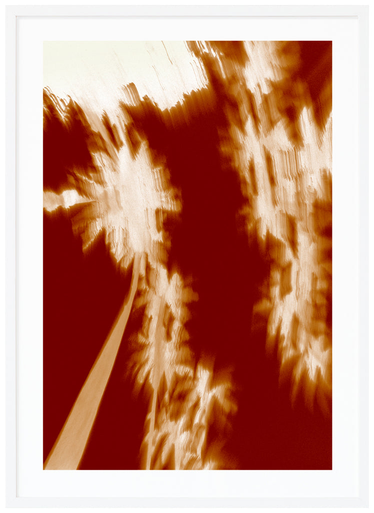 Semi-abstract poster with red background. Burnt tones. White frame. 