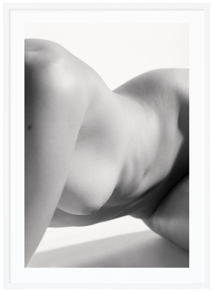 Black and white poster of naked body with white background. White frame. 