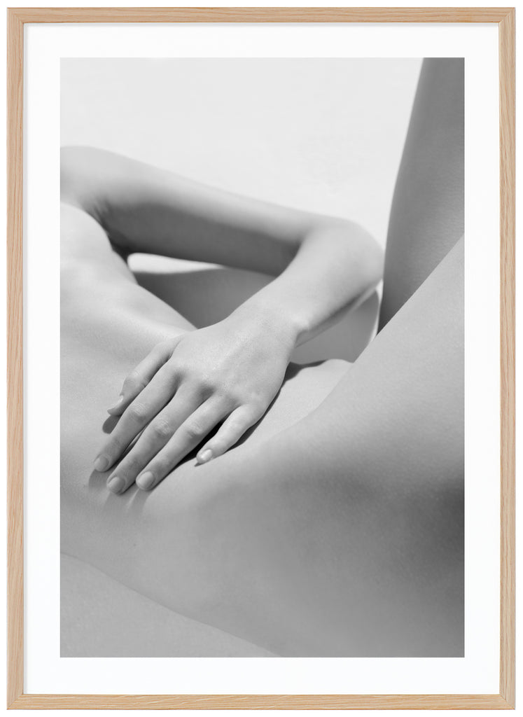 Black and white poster of naked body with shadows. Oak frame. 