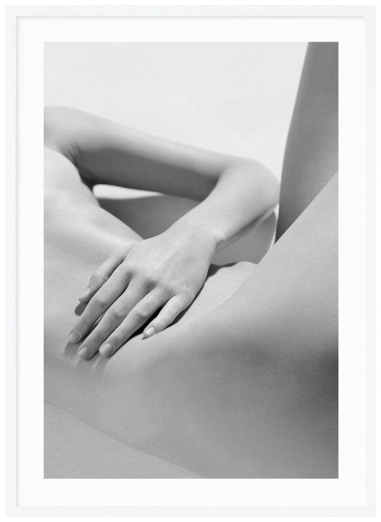 Black and white poster of naked body with shadows. White frame. 