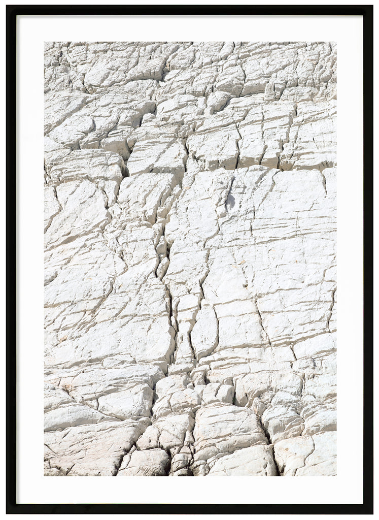 Black and white semi abstract poster with cracks. Black frame.