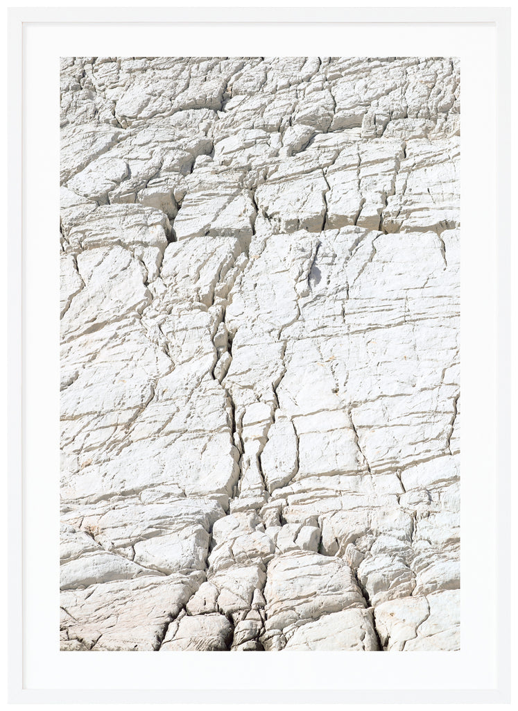 Black and white semi abstract poster with cracks. White frame. 