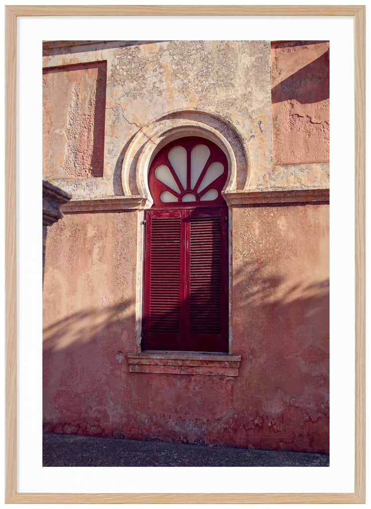 Poster of a window with red shutters. Oak frame. 