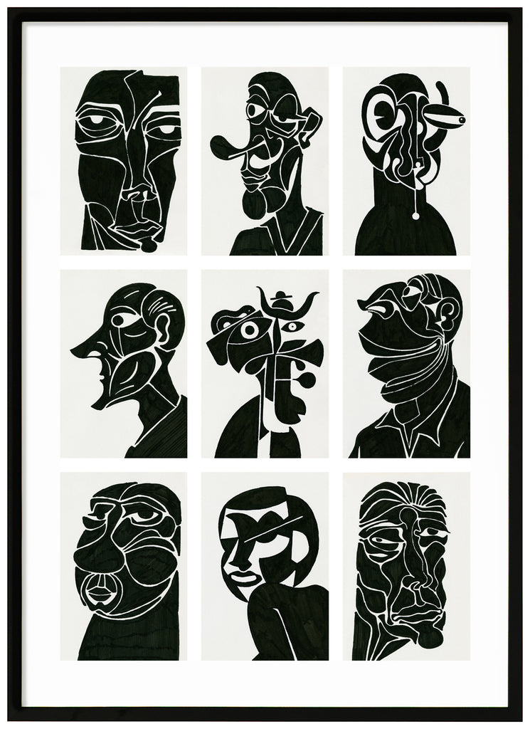 Black and white posters of nine different semi-abstract portraits. Black frame.