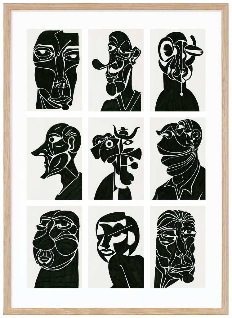 Black and white posters of nine different semi-abstract portraits. Oak frame. 
