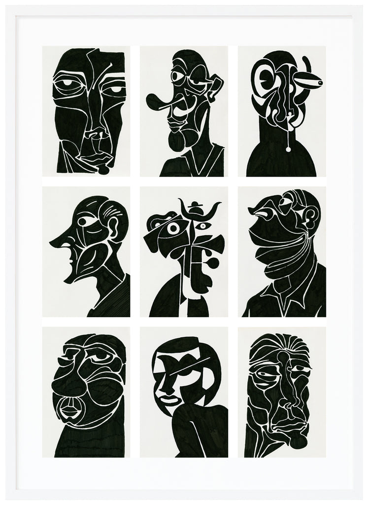 Black and white posters of nine different semi-abstract portraits. White frame. 
