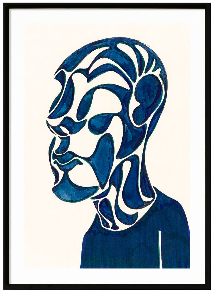 Poster of semi-abstract blue figure and white background. Black frame. 