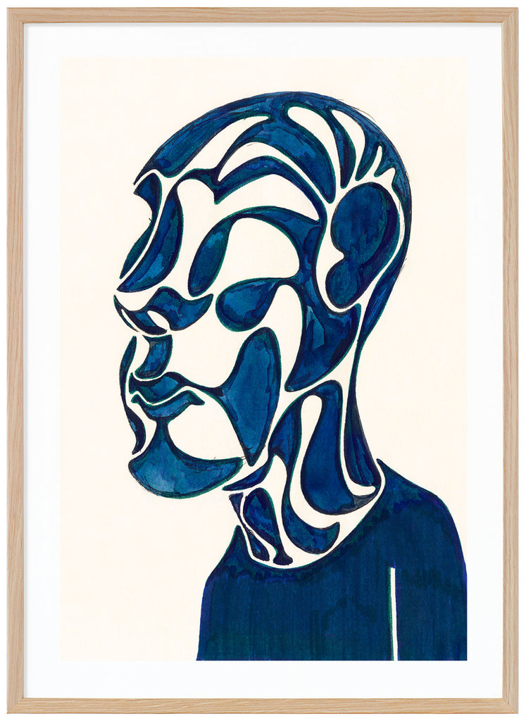 Poster of semi-abstract blue figure and white background. Oak frame. 