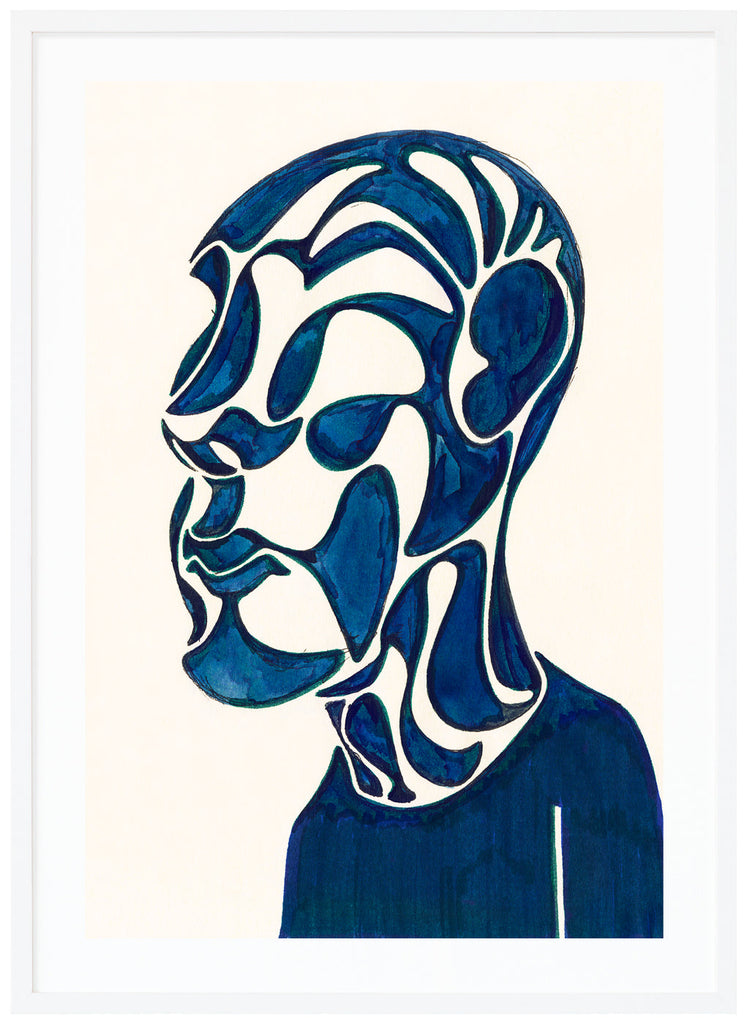 Poster of semi-abstract blue figure and white background. White frame. 