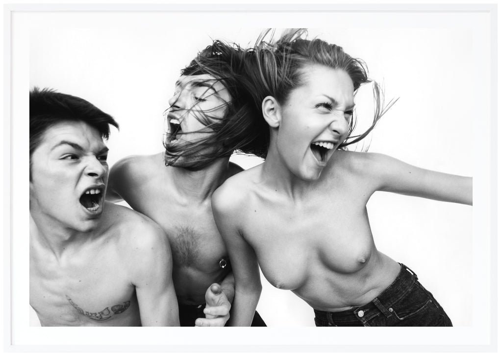 Black and white posters of woman and two men in topless. Screaming and white background. Horizontal format. White frame. 