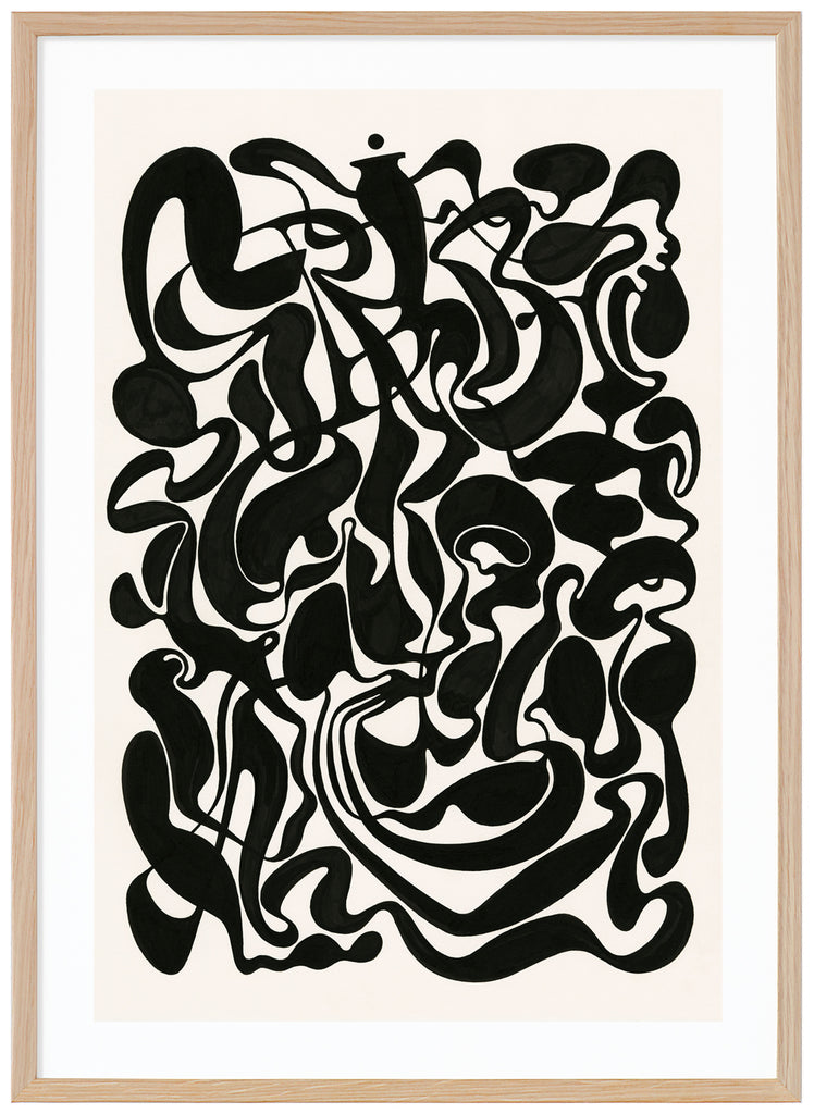 Black and white posters of abstract motifs. Oak frame.