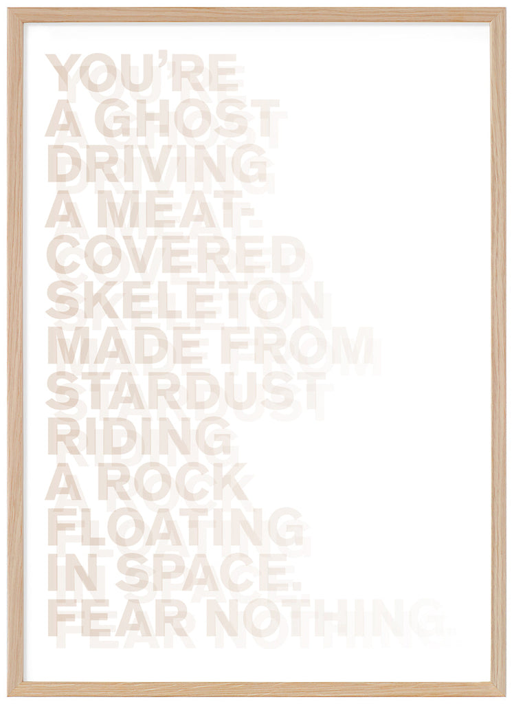 Graphic text items in beige color. Oak frame. 