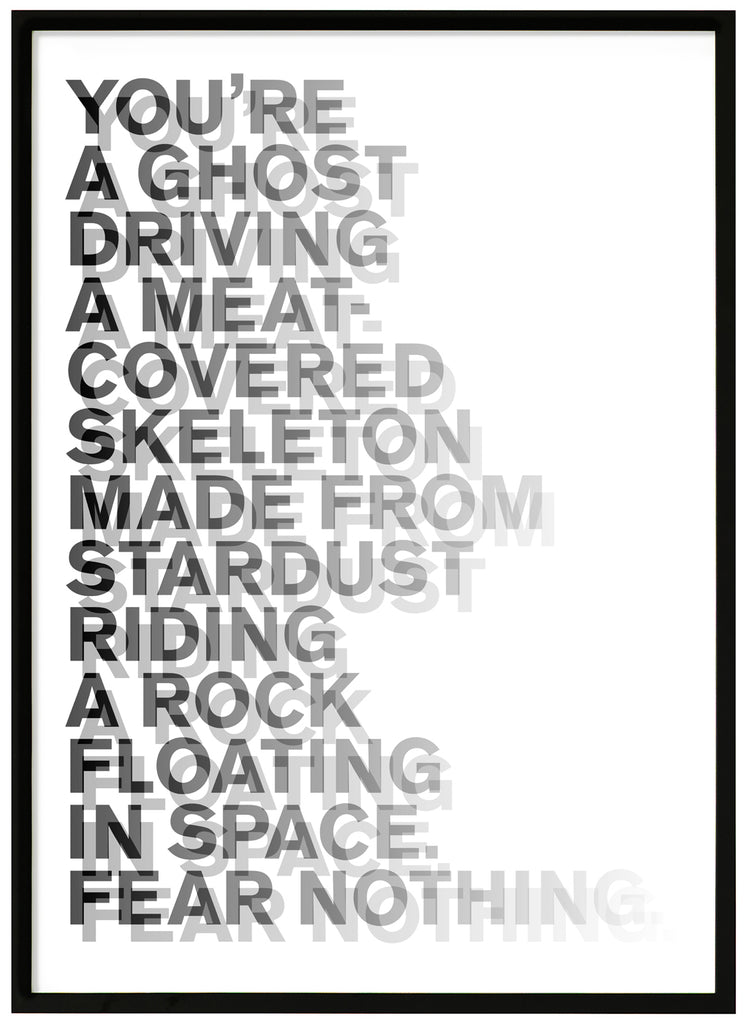 Graphic text items in black and gray. Black frame.