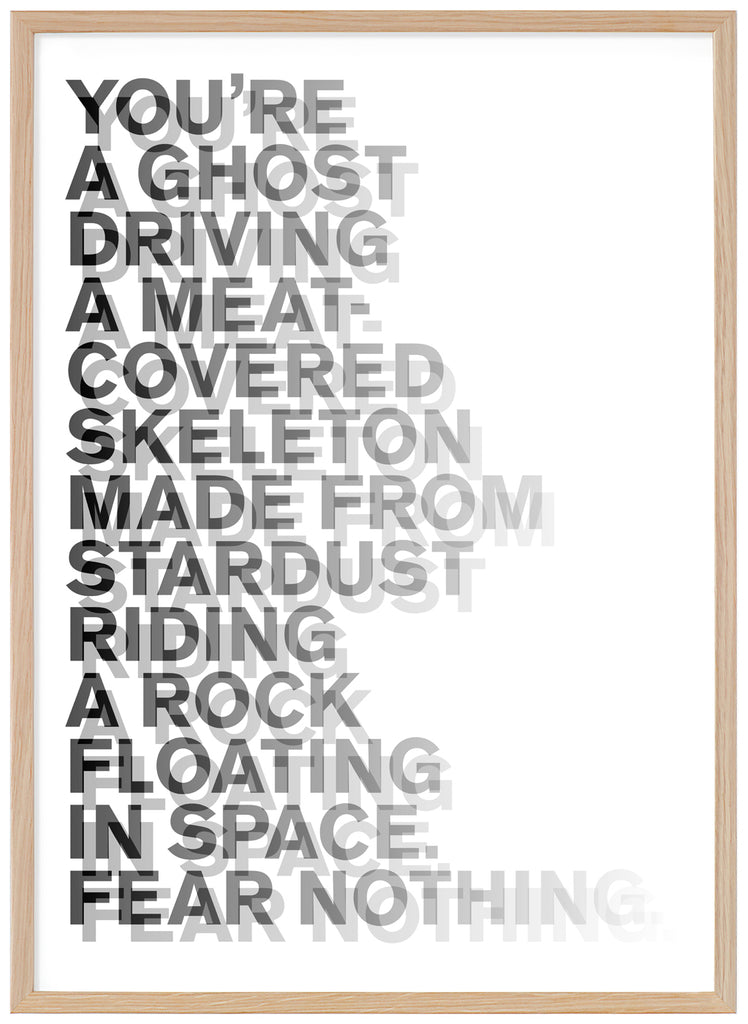 Graphic text items in black and gray. Oak frame. 