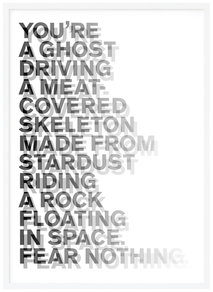 Graphic text items in black and gray. White frame. 