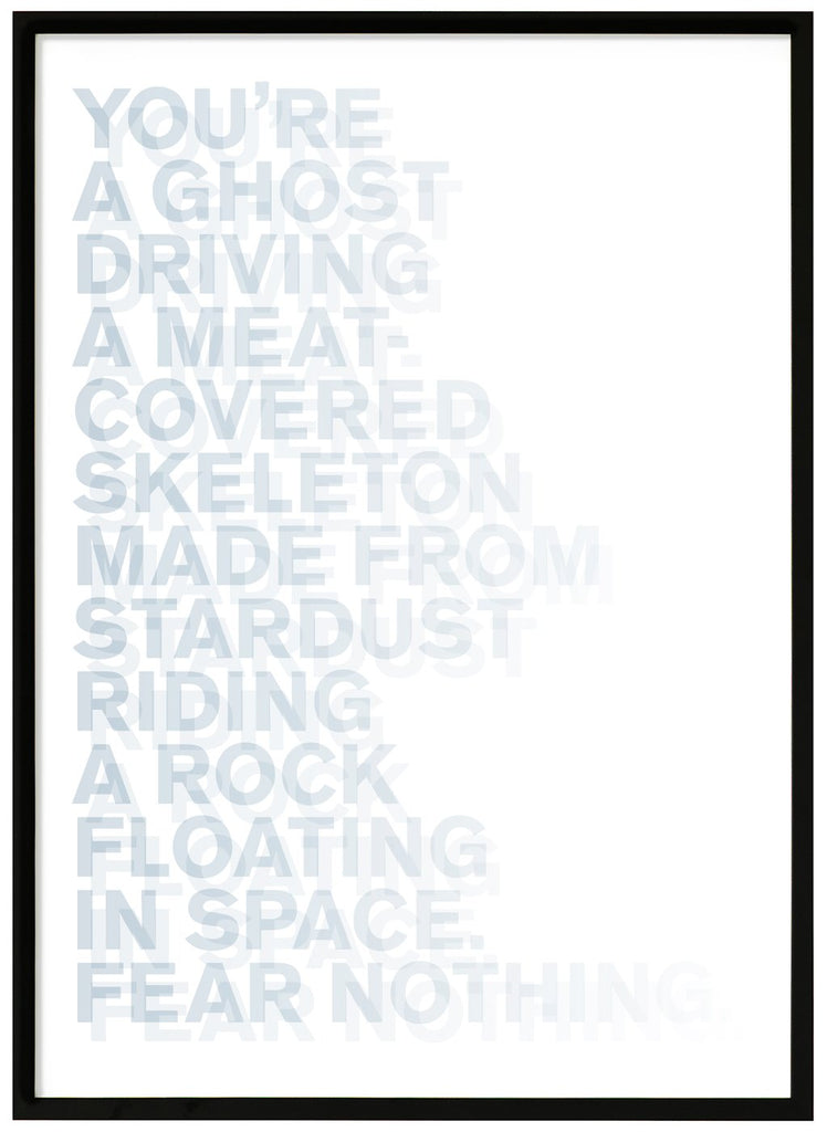 Graphic text entries in blue. Black frame. 