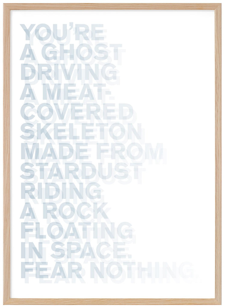 Graphic text entries in blue. Oak frame. 
