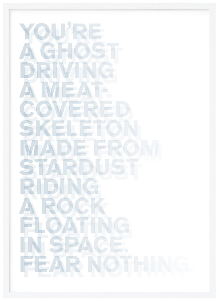 Graphic text entries in blue. White frame. 