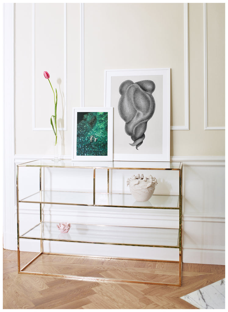 Black and white poster of abstract art with shadows. White frame. 