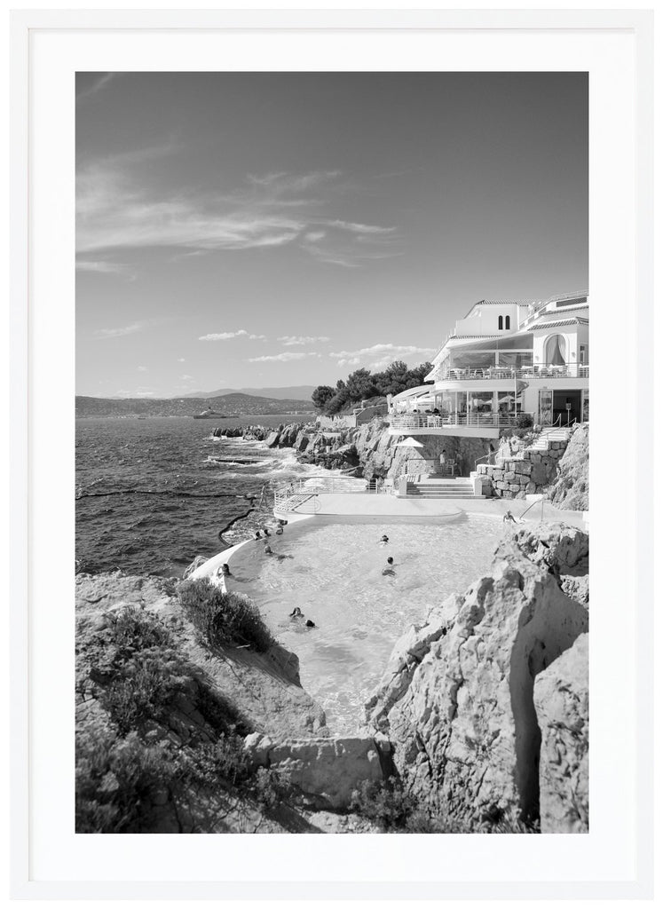 Photograph of the mythical Eden Roc and the Hotel du Cap on the French Riviera. White frame. 