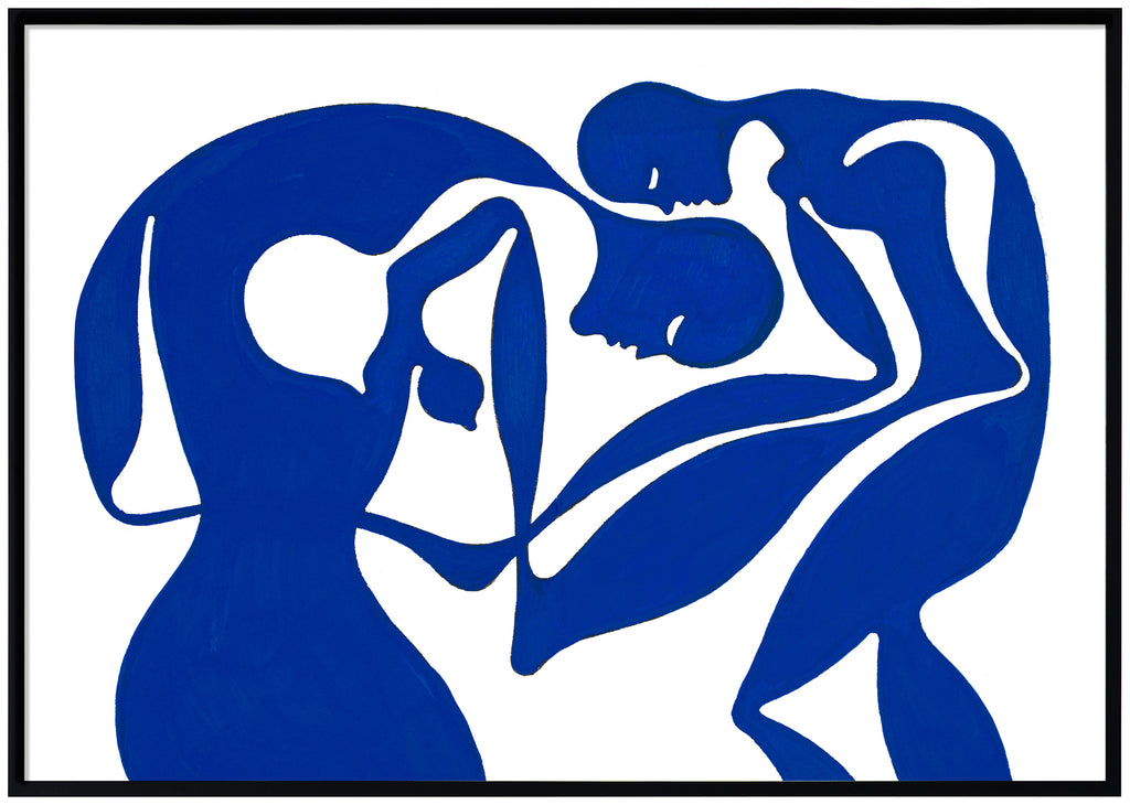 Art print by Swedish artist Henrik Delehag. Two blue figures. Black frame. 