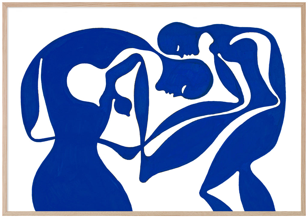 Art print by Swedish artist Henrik Delehag. Two blue figures. Oak frame. 